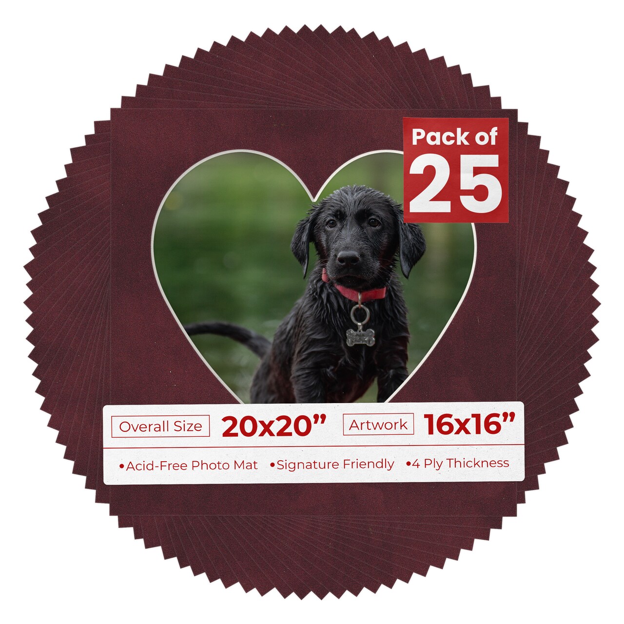 Dark Red Suede Mat Board for 20x20 Frames - Heart Opening for 16x16 Photos